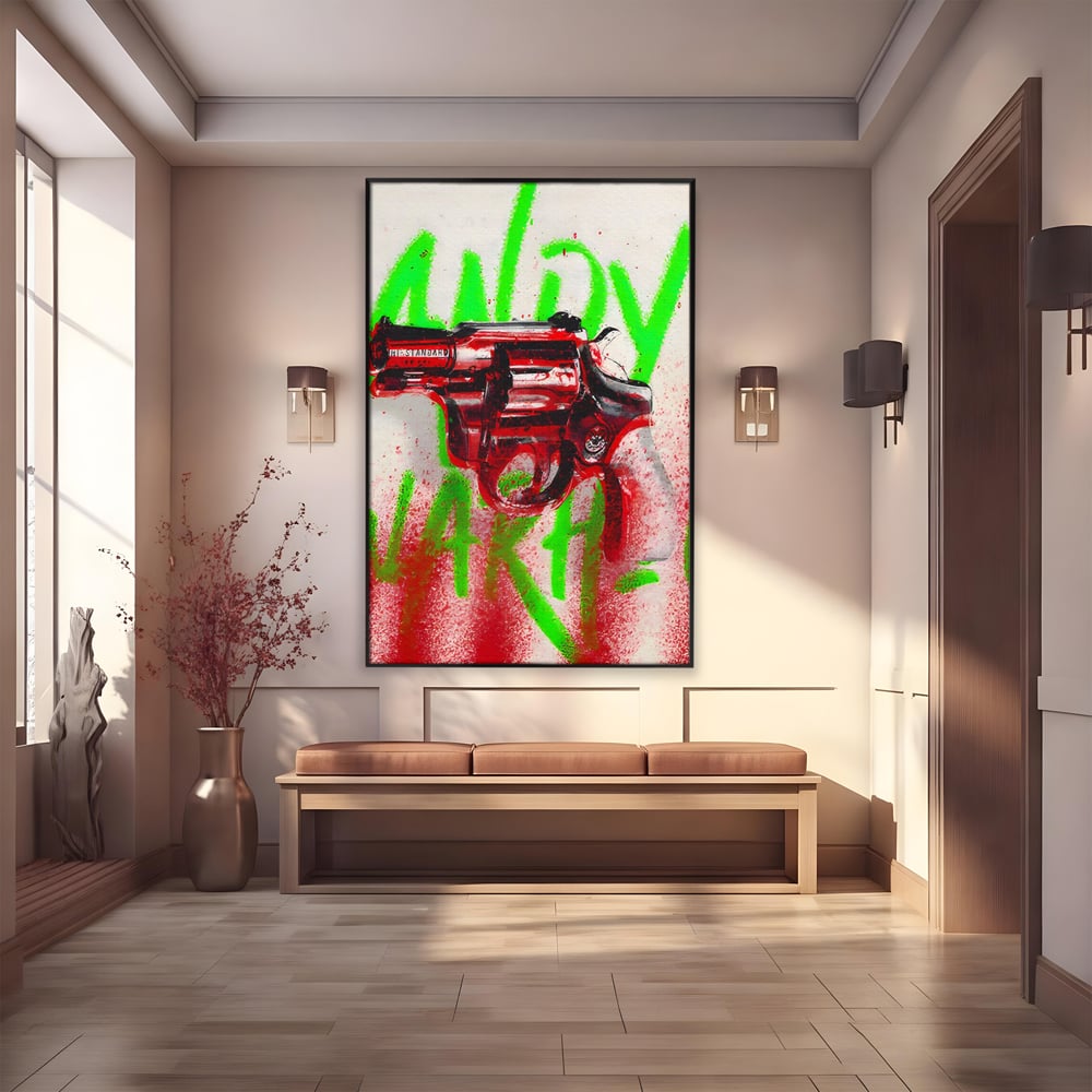 Tablou canvas cu tablou canvas cu pistol rosu si graffiti, in rama de aluminiu negru